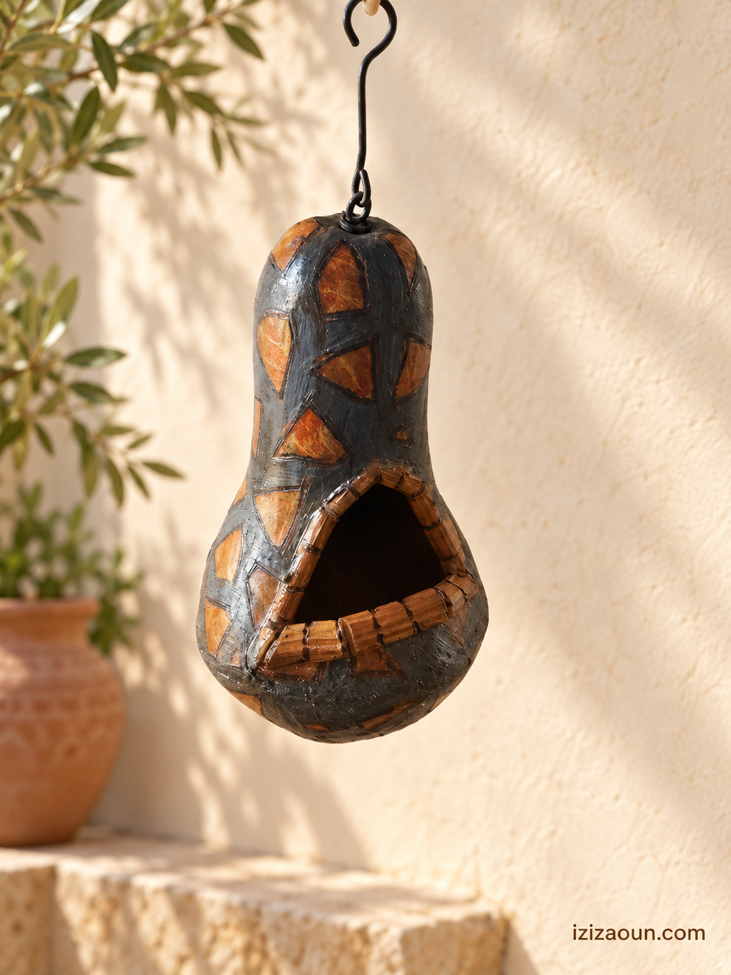 Nichoir artisanal suspendu forme calebasse – Pièce unique 16 × 9 cm