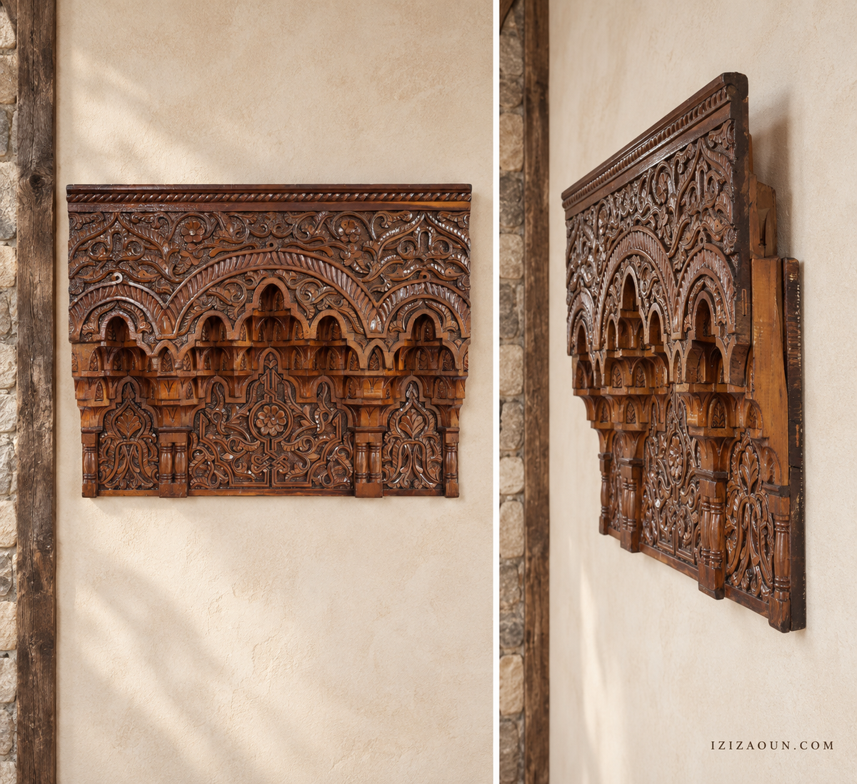 Grand panneau mural en bois sculpté – 85 × 66 cm