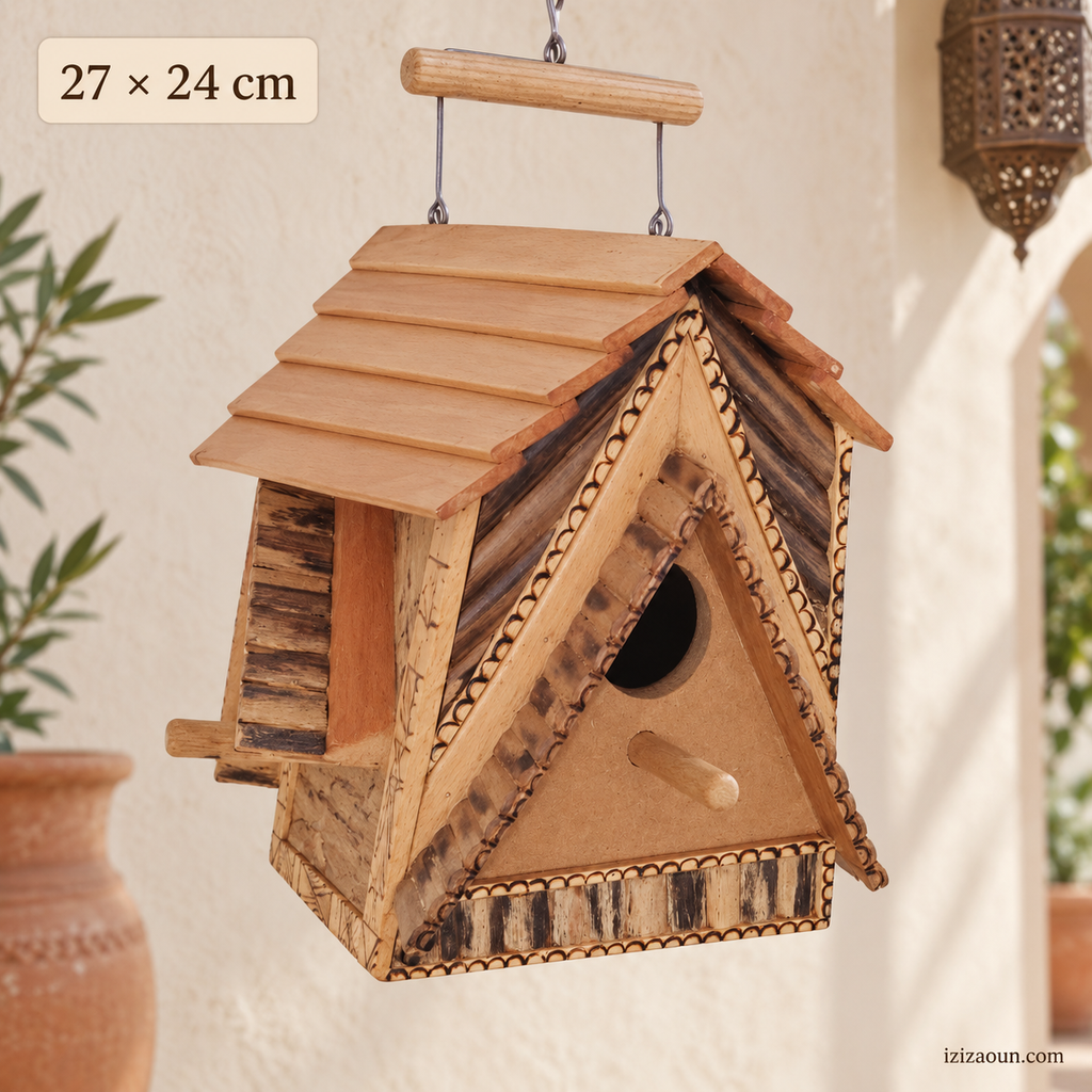 Nichoir artisanal en bois à 3 ouvertures – Pièce unique 27 × 24 cm