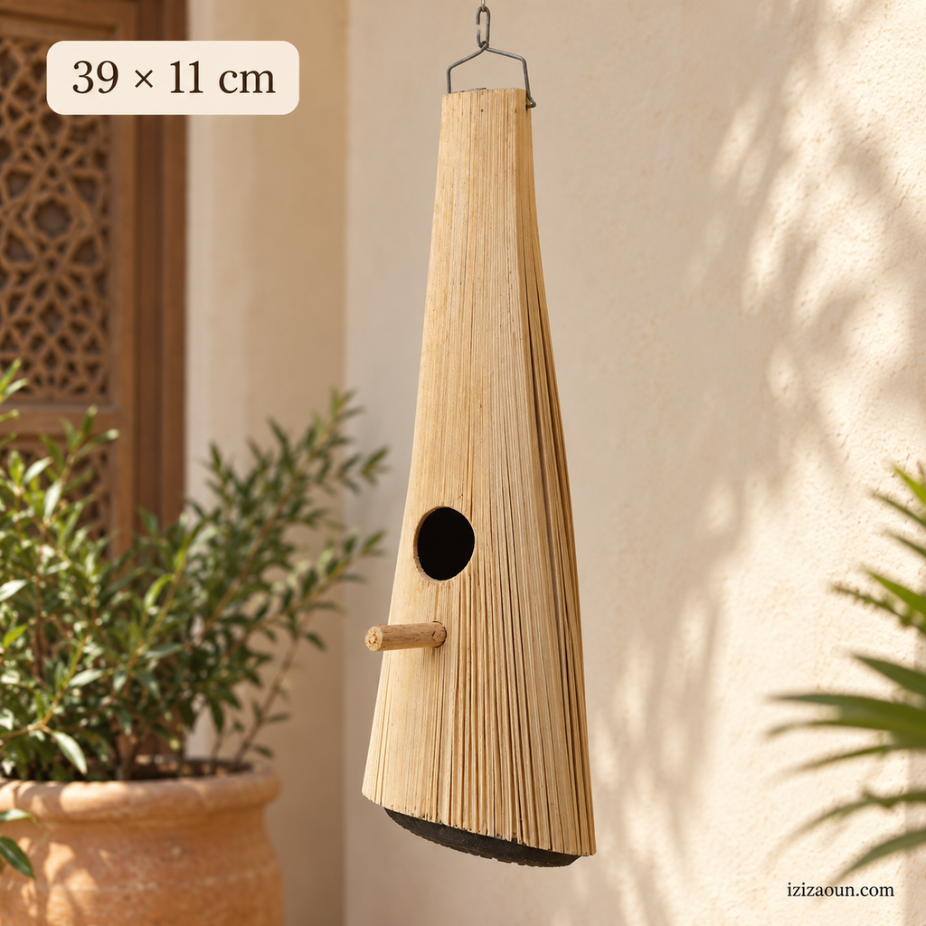 Nichoir artisanal pour oiseaux en cœur de palmier – 39 × 11 cm