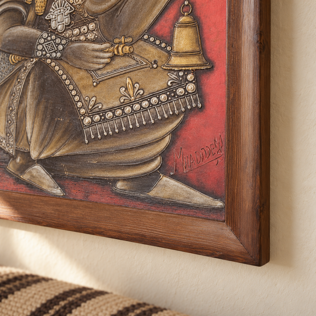 Grand tableau décoratif signé – Femme en tenue traditionnelle – Cadre bois – 100 × 140 cm